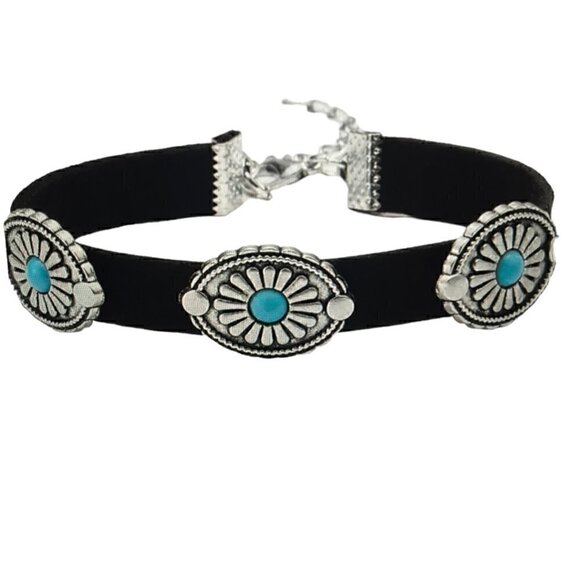 Black Oval PU Leather Inlay Turquoise Bracelet - Picture 1 of 3